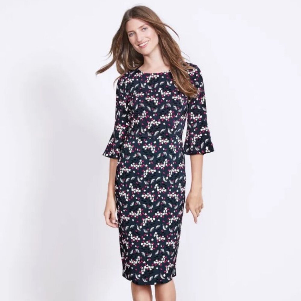 🌸✨ Boden Floral Sheath Dress | Navy Pink Print | Bell Sleeve | Size 4P ✨🌸